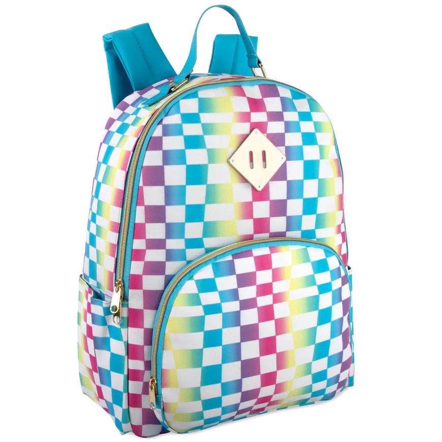 24 Pieces 17-Inch Printed Vinyl Backpack - Single Prints Rainbow Checkered - Backpacks 17"