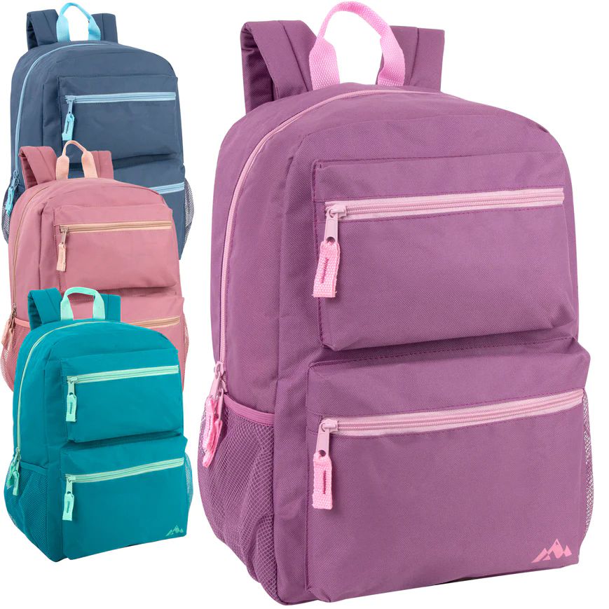 24 Pieces of Trailmaker 17 Inch Double Front Pocket Backpack - 4 Pastel Colors