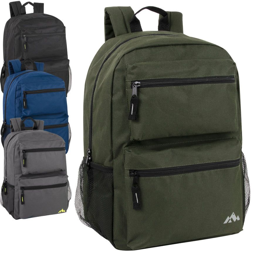 24 Pieces of Trailmaker 17 Inch Double Front Pocket Backpack - 4 Colors