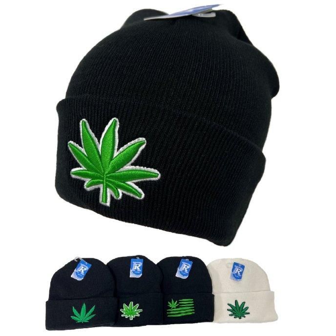 24 Pieces Knitted Cuffed Hat [embroidered Marijuana] Black/white Hats - Winter Beanie Hats