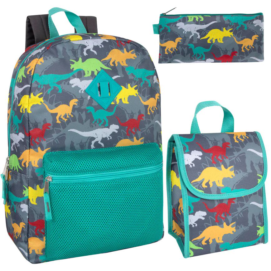 24 Pieces of 3 In 1 Dino Themed 17 Inch Backpack With Lunch Bag & Pencil Case