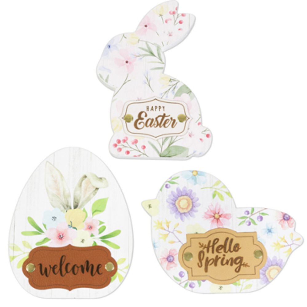 24 pieces of Table Decor Easter Mdf Floral Print 3ast Egg/chick/bunny W/faux Leather Riveted Greeting/upc Label