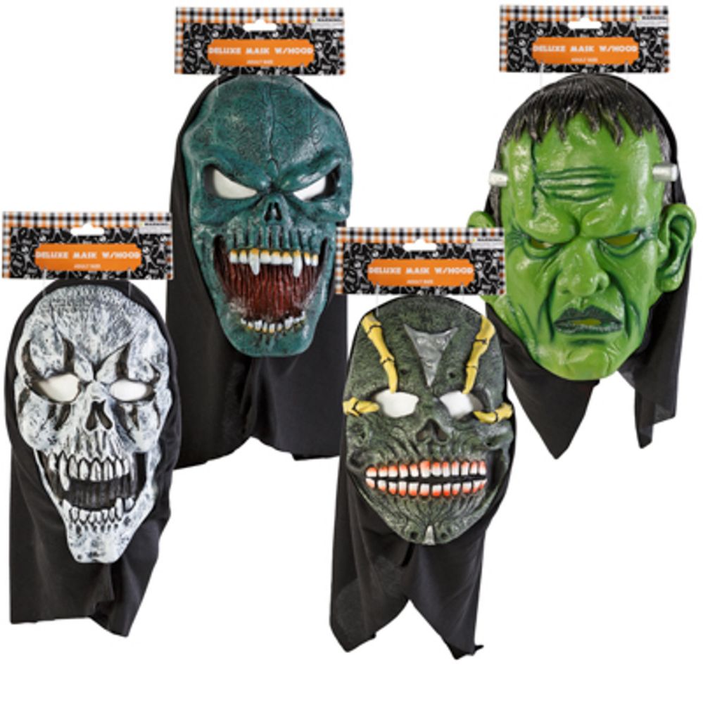 24 pieces of Mask Deluxe Realistic 4ast Pvc W/polyester Hood Adult Size Hlwn Hdr
