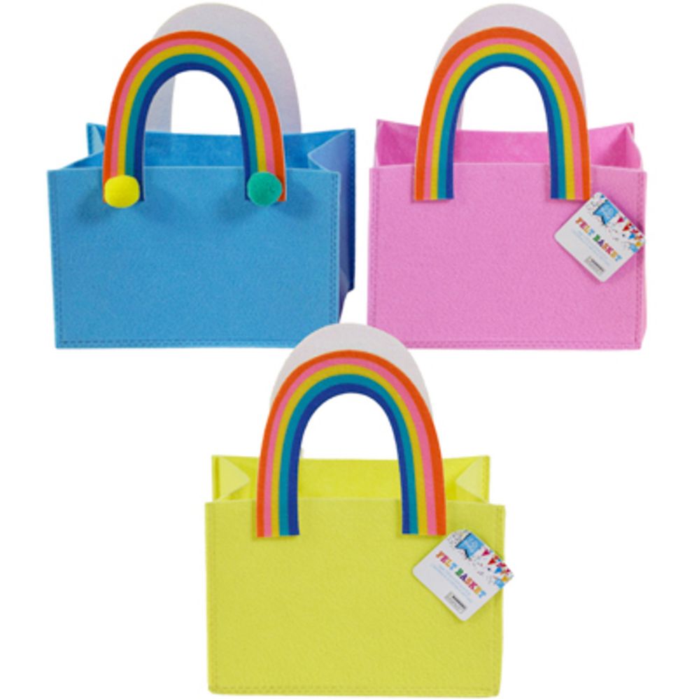 24 pieces Party Treat Bag Rainbow Handle & Pom Pom Trim Felt 7.5x4.5x5in 3ast ht - Party Novelties