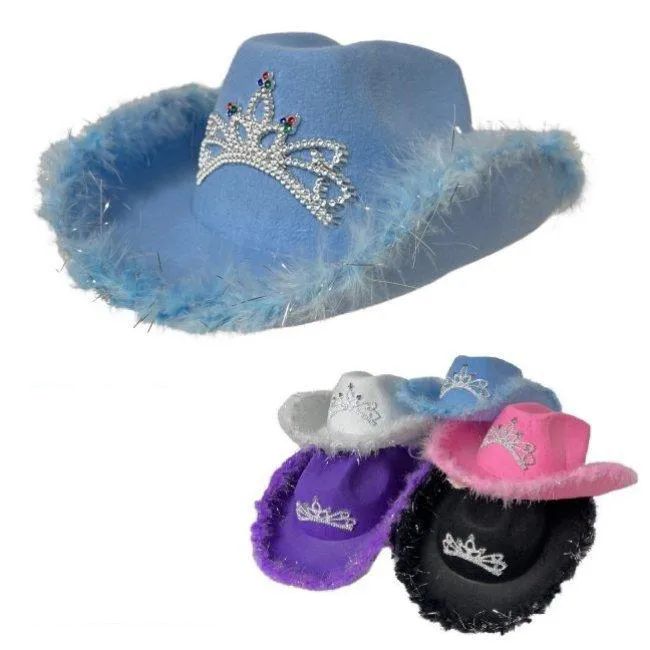 24 Pieces of Ladies Felt Cowboy Hat With Tiara And Feather Edge Asst Colors