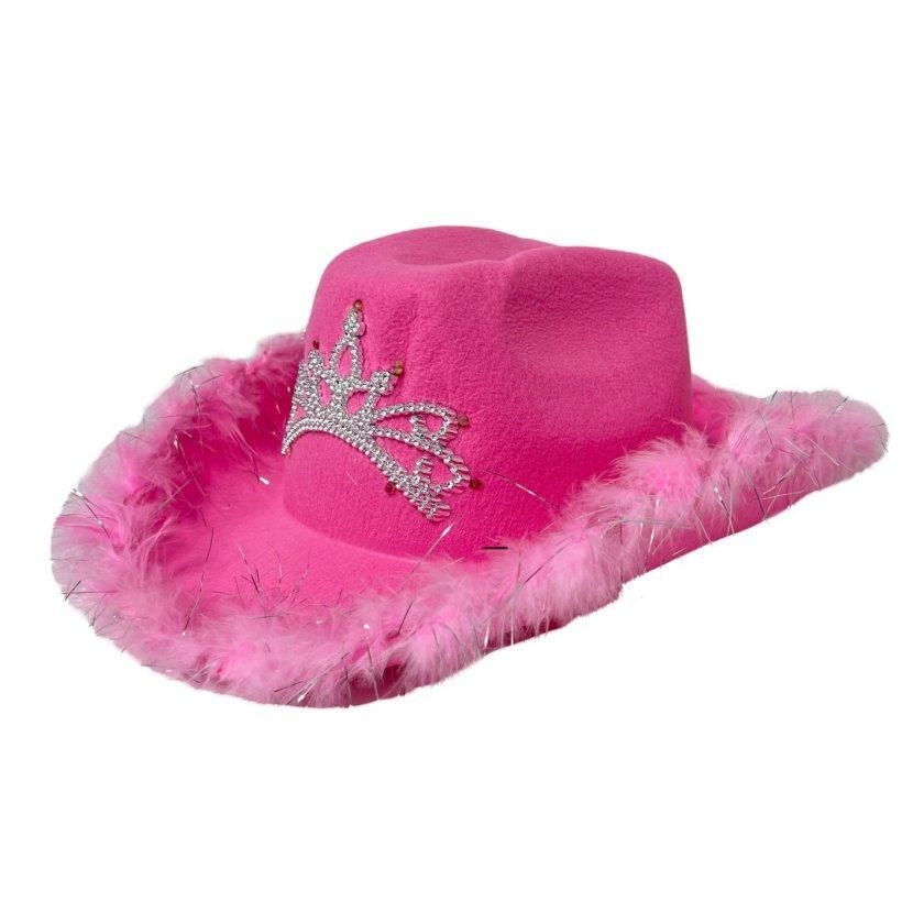 24 Pieces of Ladies Felt Cowboy Hat With Tiara And Feather Edge - Pink
