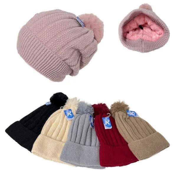 24 Pieces Ladies PlusH-Lined Knit Slouch Hat With Pompom - Winter Beanie Hats