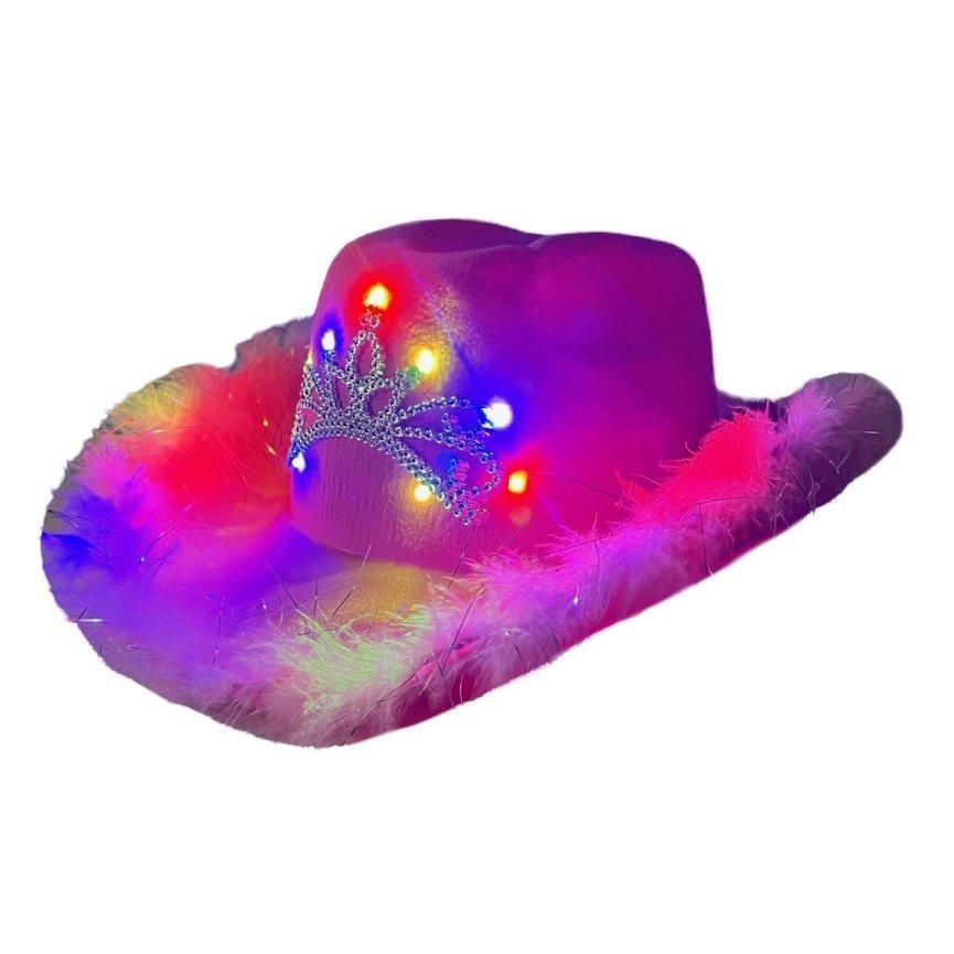 24 Pieces of LighT-Up Felt Cowboy Hat With Tiara And Feather Edge - Pink