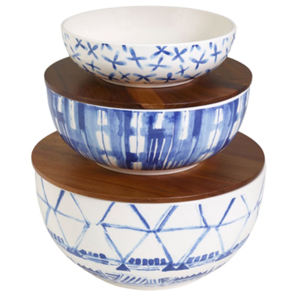 Serving Bowls 3pc Set Stoneware W/2 Acacia Wood Lids Shibori Blues - Kitchen Gadgets & Tools