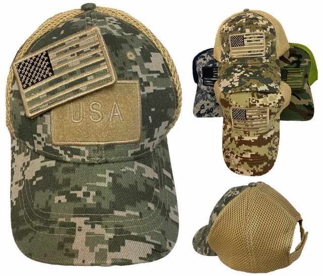 24 Pieces Wholesale Mesh Camo Hat With Detachable Flag Patch [usa] - Baseball Caps & Snap Backs