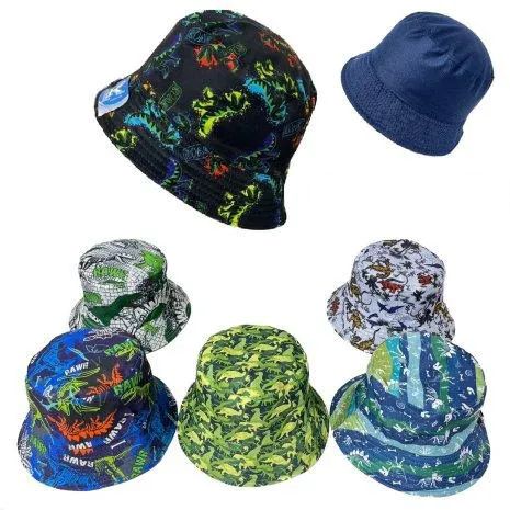 24 Pieces of Wholesale Assorted Dinosaur Prints Reversible Kid's Bucket Hats