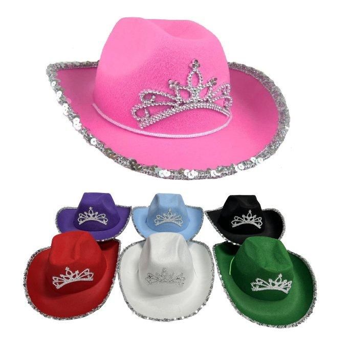 24 Pieces of Ladies Felt Cowboy Hat With Princess Tiara And Sequin Edge