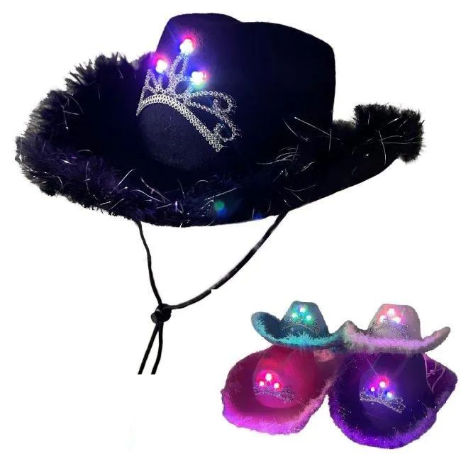 24 Pieces of LighT-Up Felt Cowboy Hat With Tiara And Feather Edge -Asst Colors
