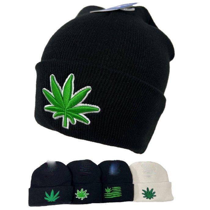 24 Pieces of Wholesale Knitted Cuffed Beanie Assorted Marijuana Embroidery