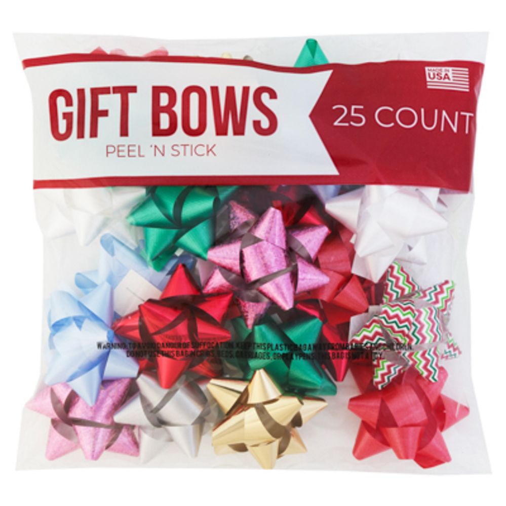66 pieces Bows Christmas 25ct Peel N Stick Assorted Colors Printed Poly Bag - Christmas Decorations
