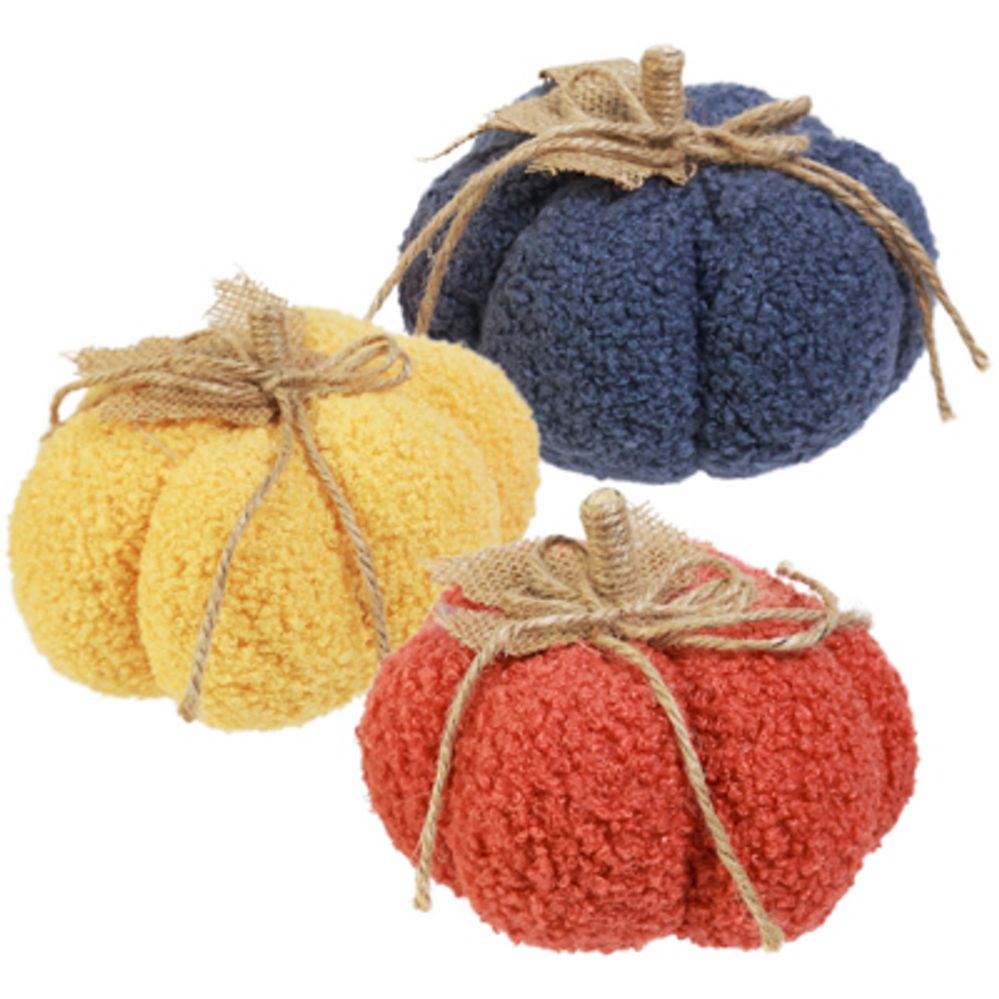 18 pieces of Harvest Pumpkin Stuffed 5in Nubbby Fabric W/jute Stem & Bow/burlap Leaf 3ast Clrs