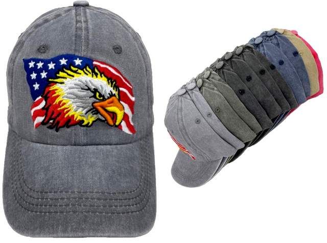24 Pieces Wholesale PrE-Washed Cloth Usa Eagle Baseball Cap/hat - Baseball Caps & Snap Backs