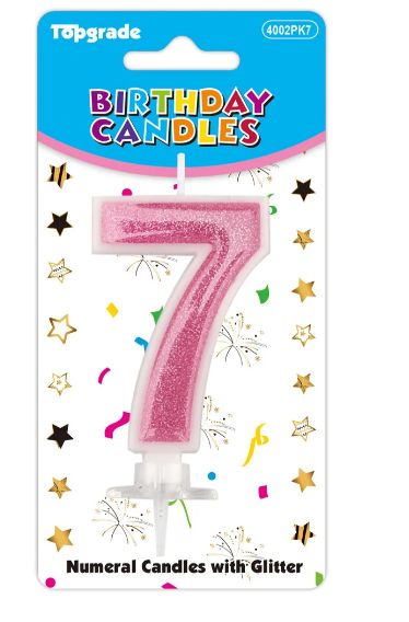 24 Pieces #7 Pink Glitter Birthday Candle - Birthday Candles