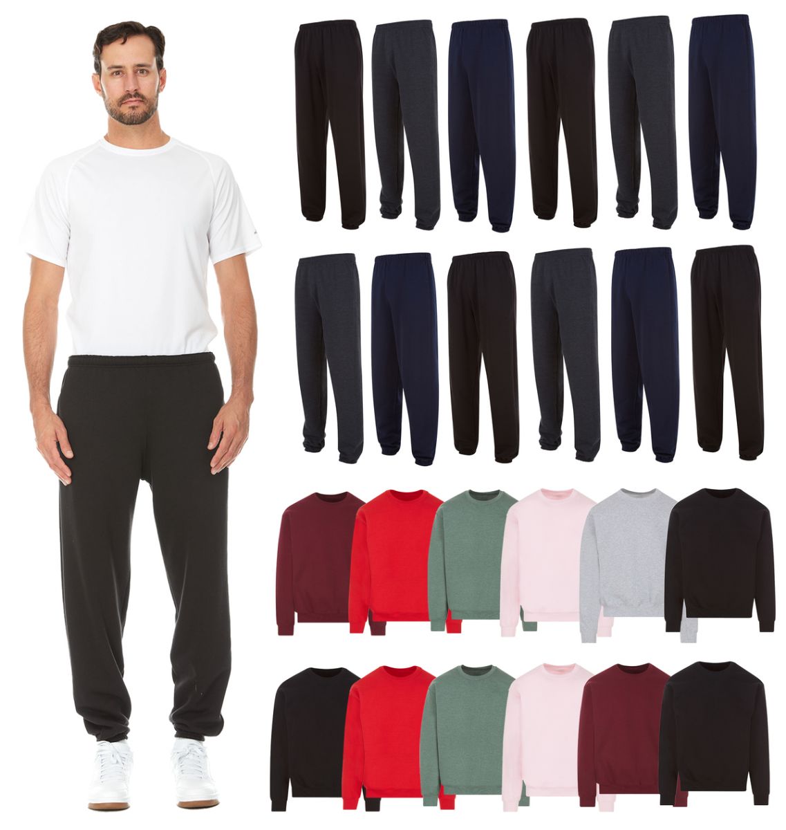 24 Pieces of Mix And Match Mens Fleece Jogger Pants And Crew Neck Sweatshirts Assorted Colors Size Small