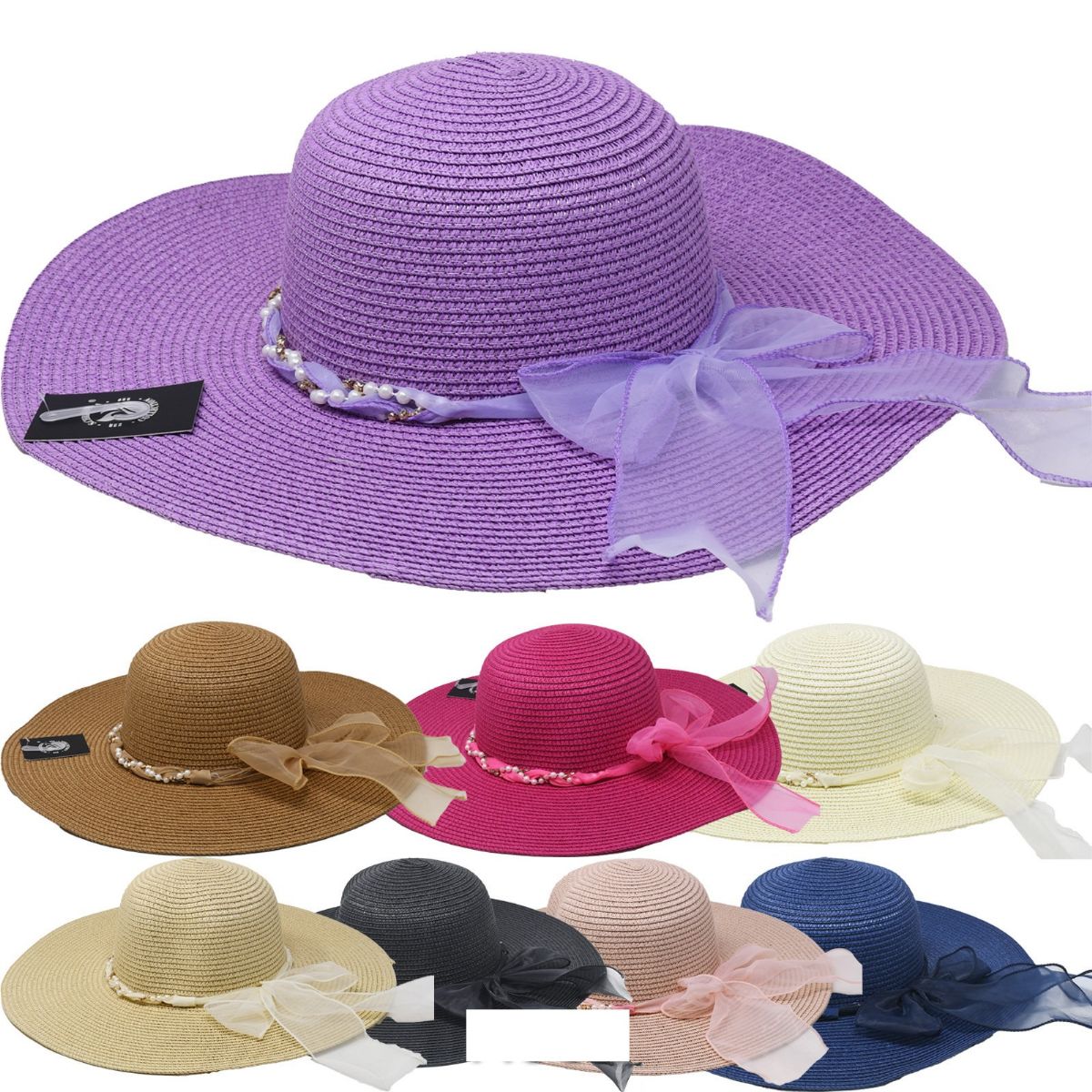 12 Pieces of Beach Hat With Pearl Ribbon Band Wide