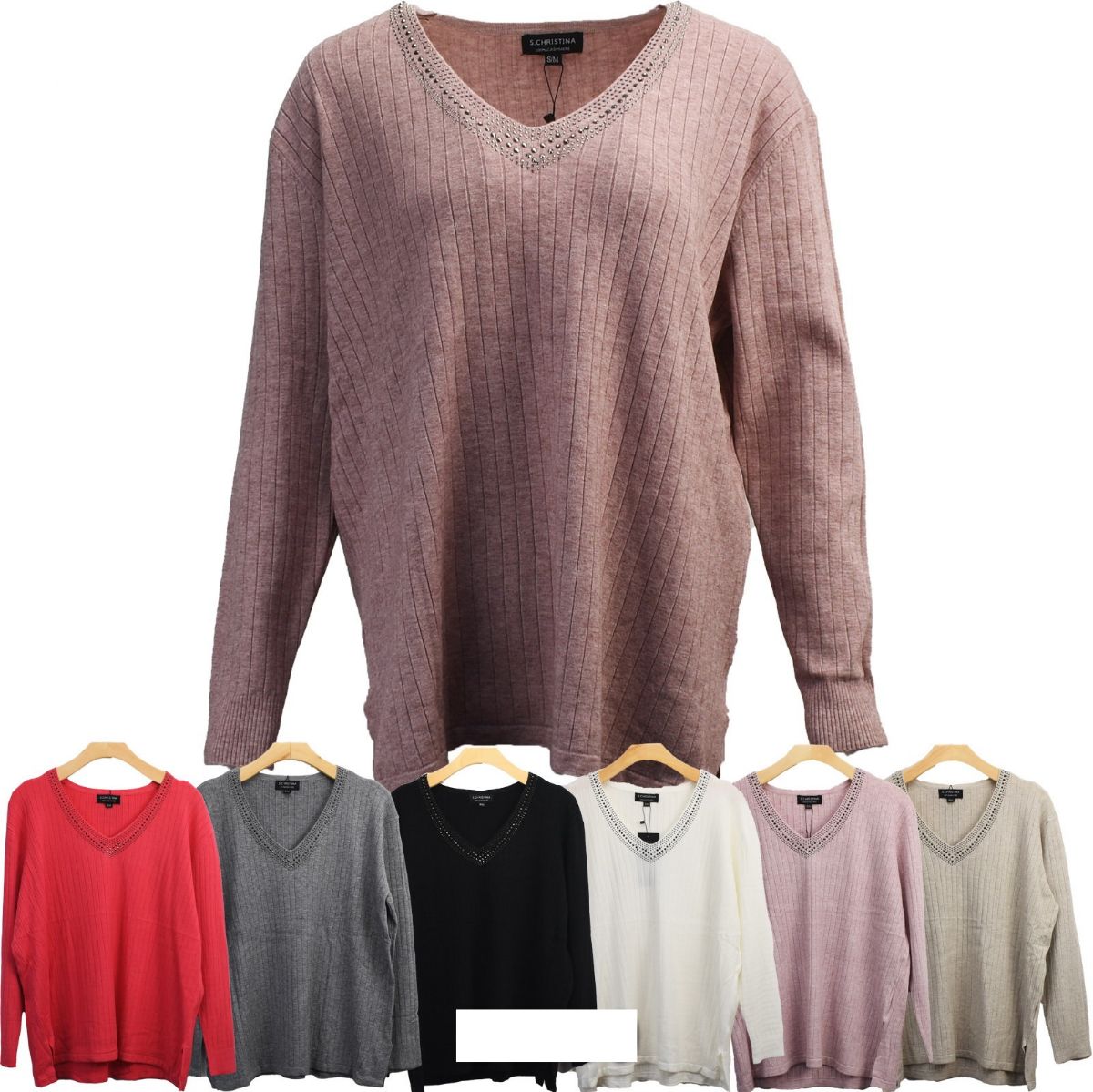 12 Pieces of Knitted Cashmere Rhinestone V-Neck L/xl