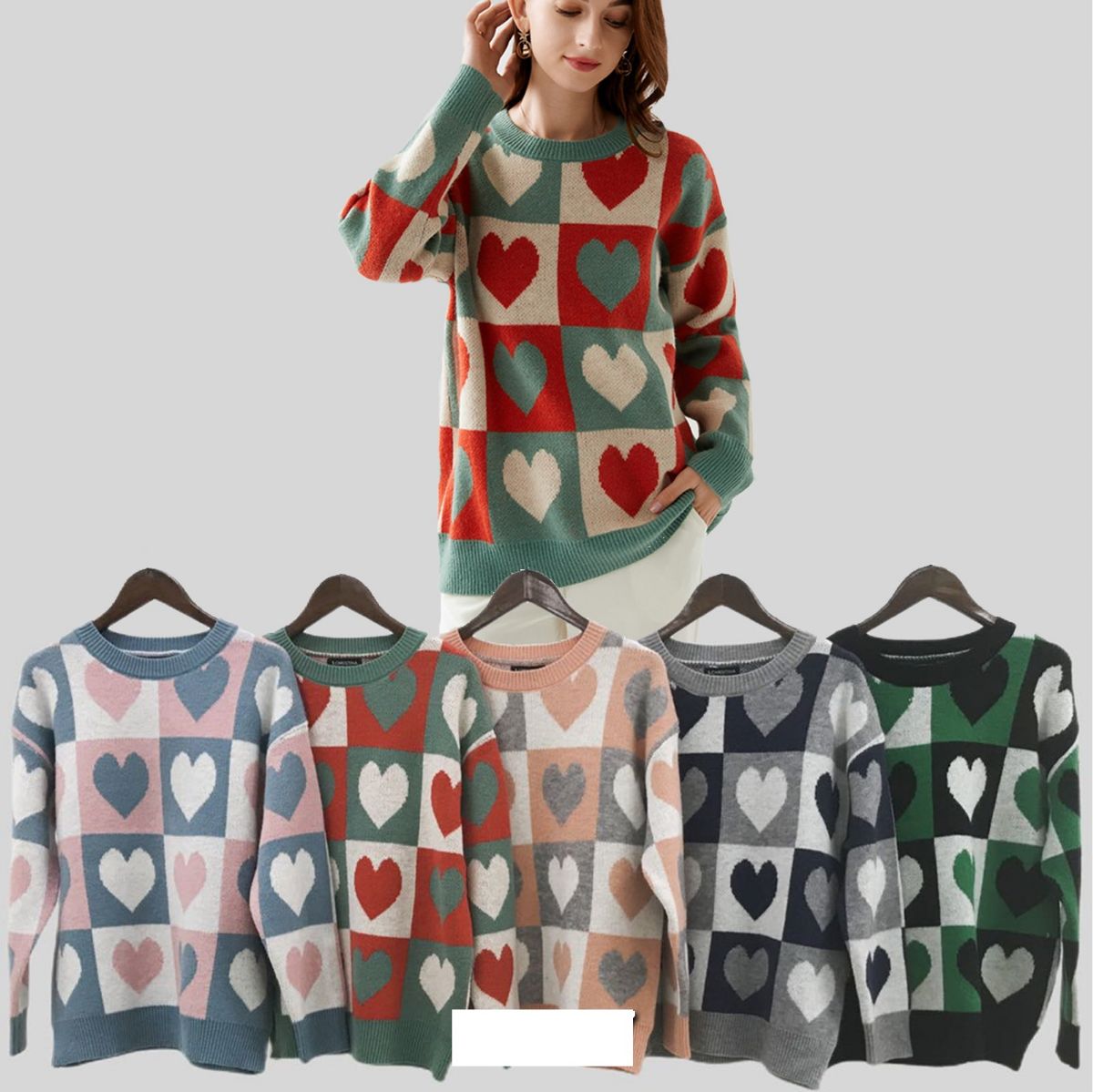 12 Pieces of Knitted Cashmere Baggy Sweater Checker Hearts Design L/xl