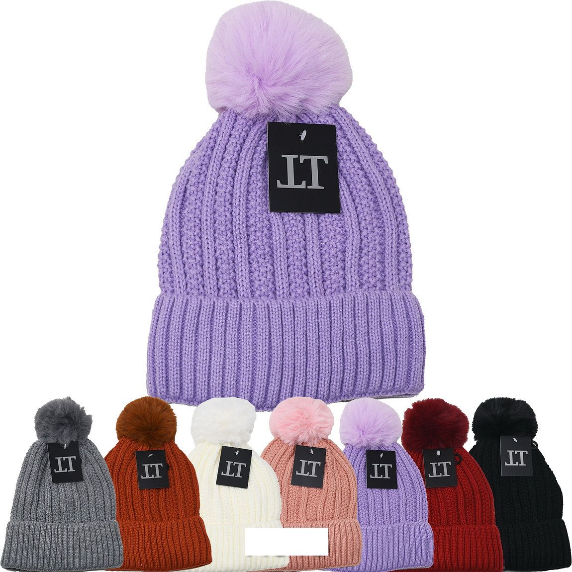 12 Pieces of Women's Winter Fur Lining Love Style Knitted Hats With Pompoms In Assorted Colors