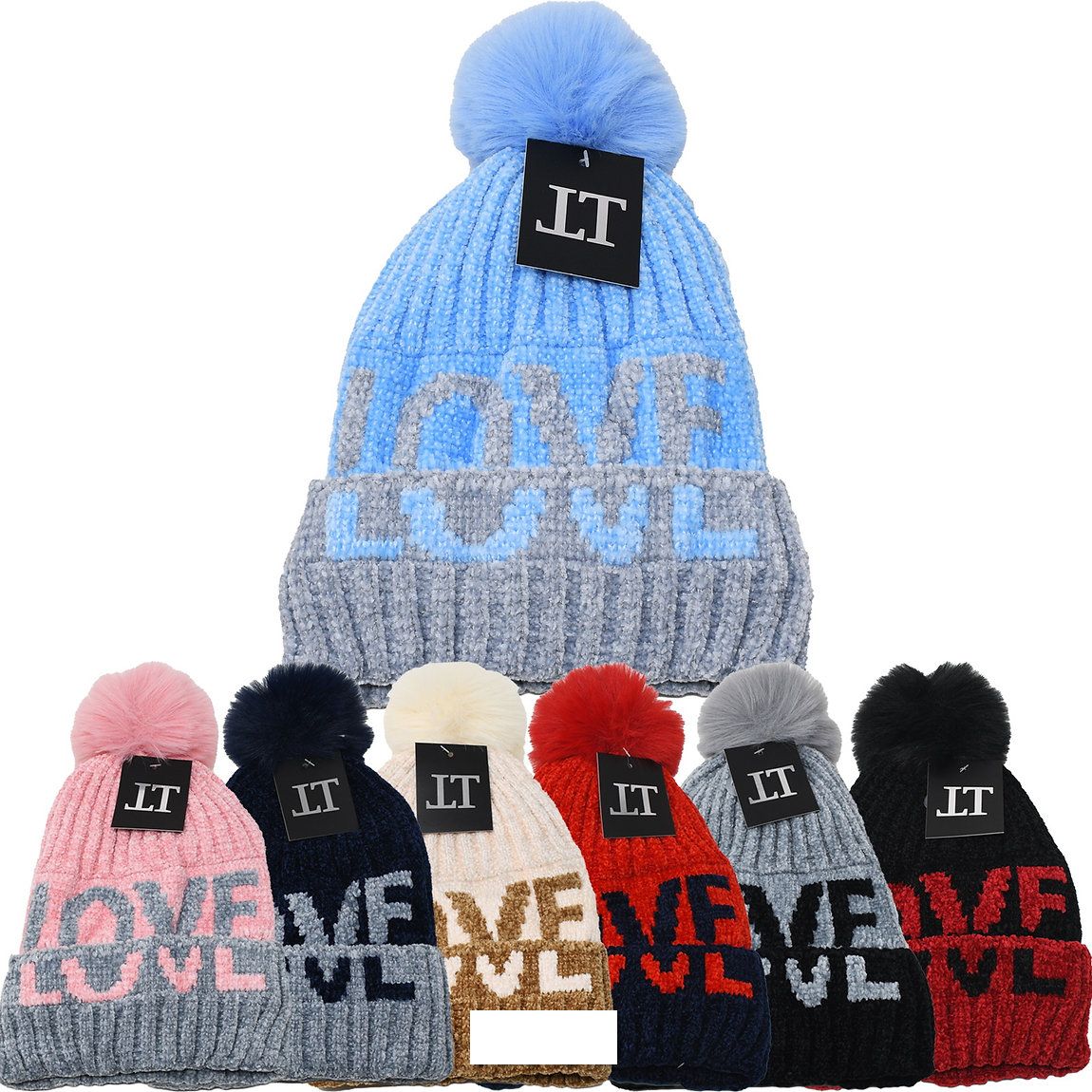 12 Pieces of Women's Winter Fur Lining Love Style Hats With Pompoms In Assorted Colors