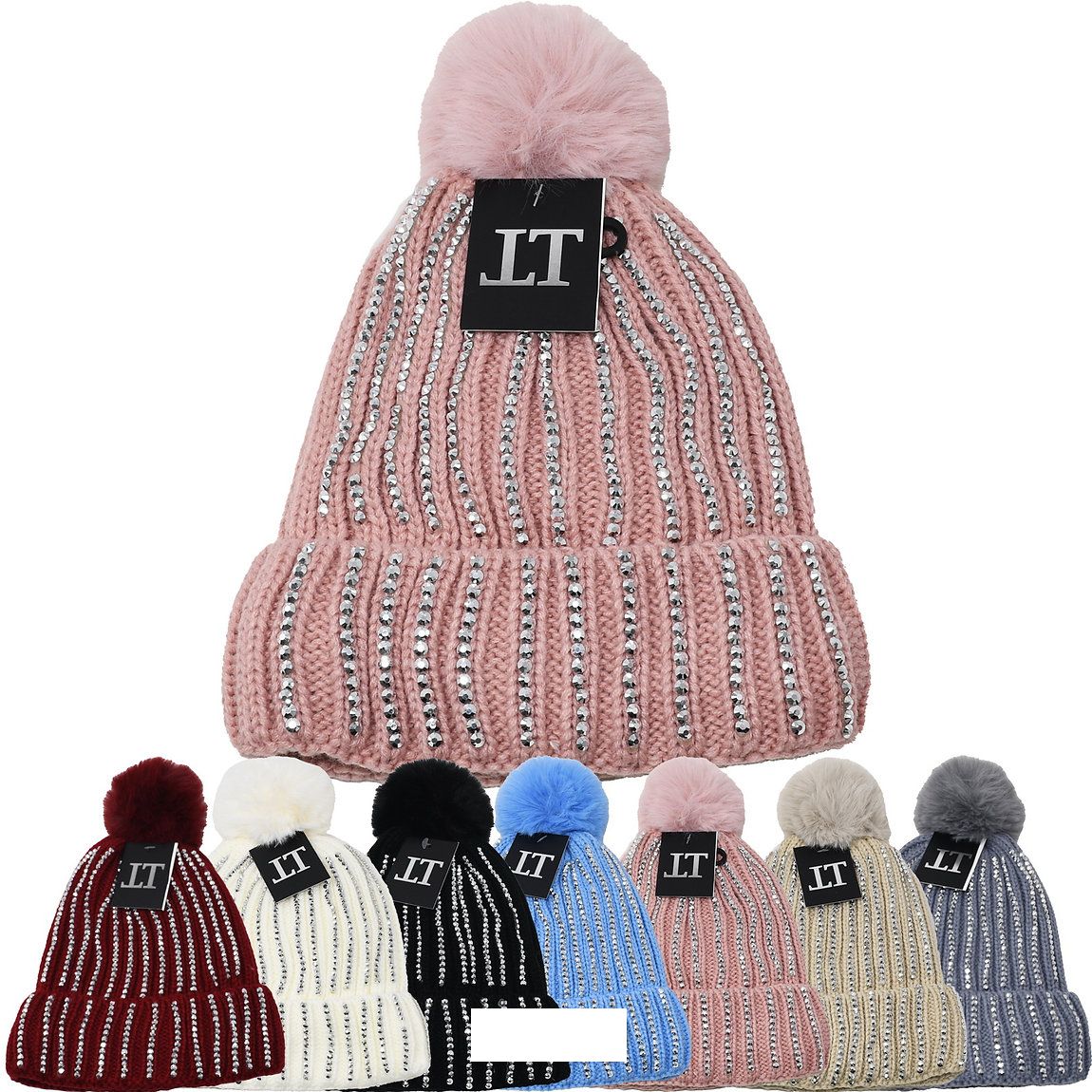 12 Pieces of Women's Winter Knitted Hats With Pompoms And Fleece Lining In Assorted Colors