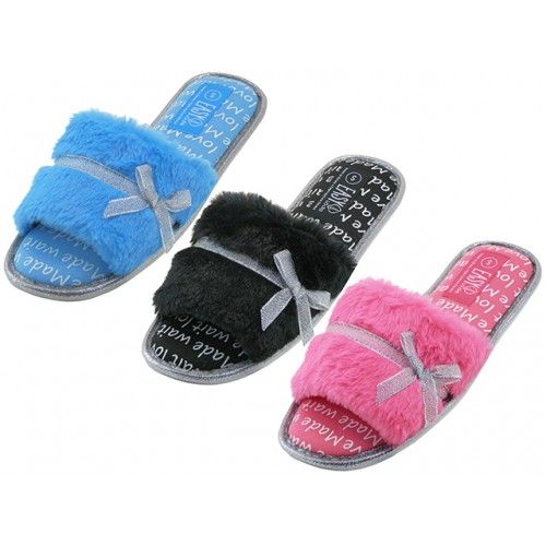 48 Wholesale Women's Open Toes Slides Plush House Slippers