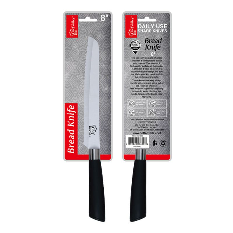 24 pieces of 8" Bread Knife Blk Grip Silver Ring
