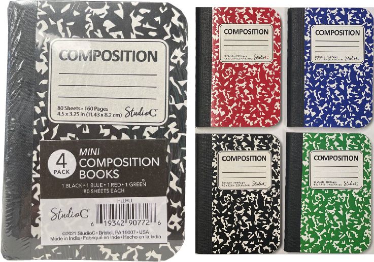 12 Pieces of Mini Composition Books 4 Pack 4.5 X 3.25 Inches 80 Sheets Each Black Blue Red Green