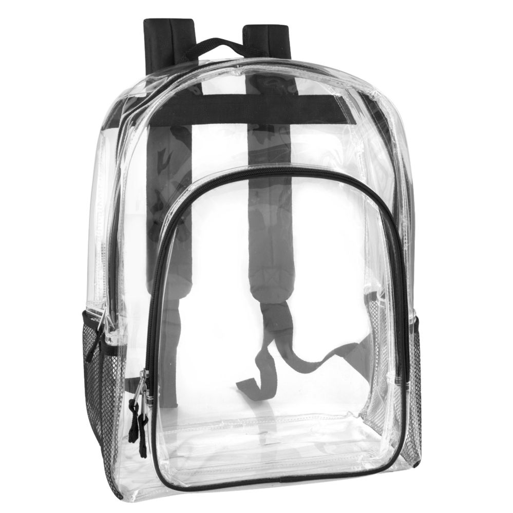 24 Pieces of Deluxe 17 Inch Clear Backpack With Side Pockets Black