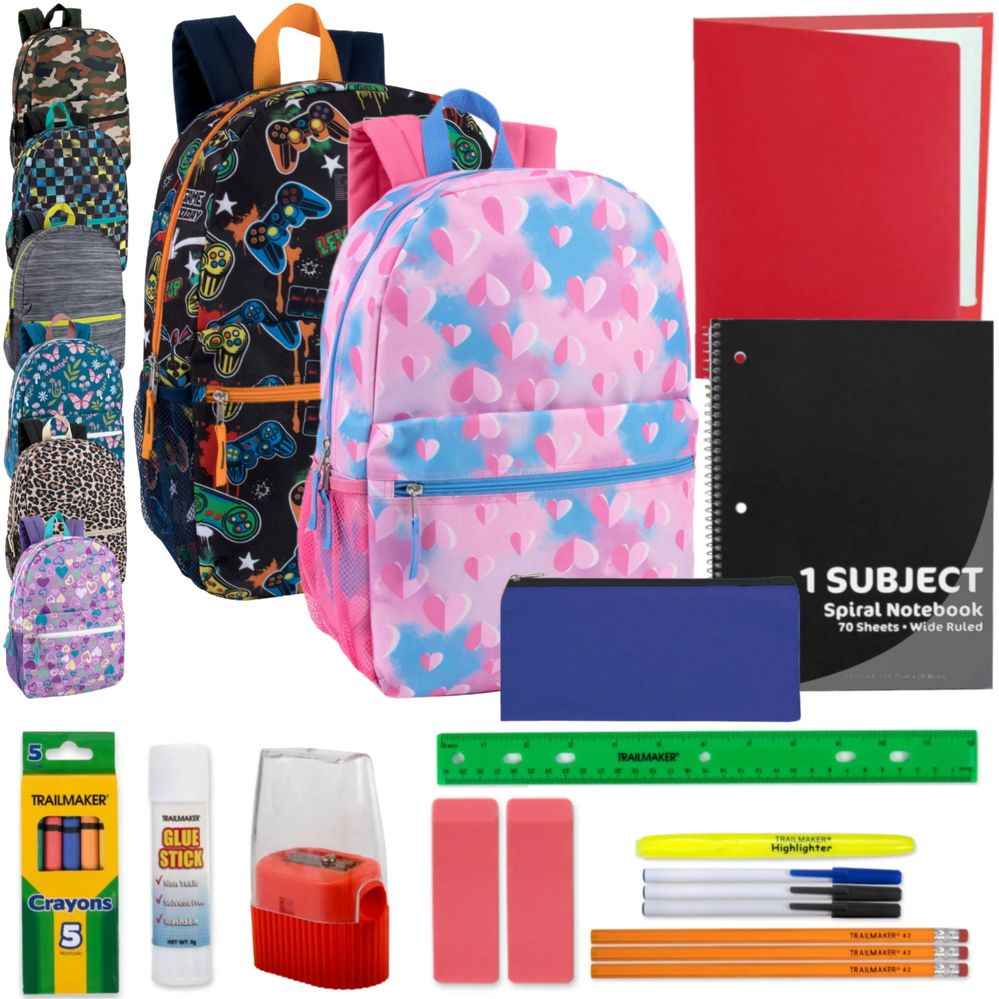 24 Pieces of 17" Printed Backpack Side Mesh Pockets & 20-Piece School Supplies Kit - 8 Prints