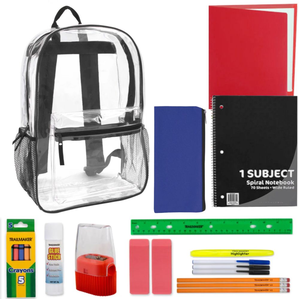 24 Pieces of 17" Classic Clear Backpack With 20-Piece School Supply Kit - Black