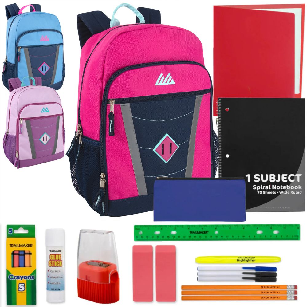 24 Pieces of 18" MultI-Pocket Reflective Backpack With 20-Piece School Supply Kit - Girls