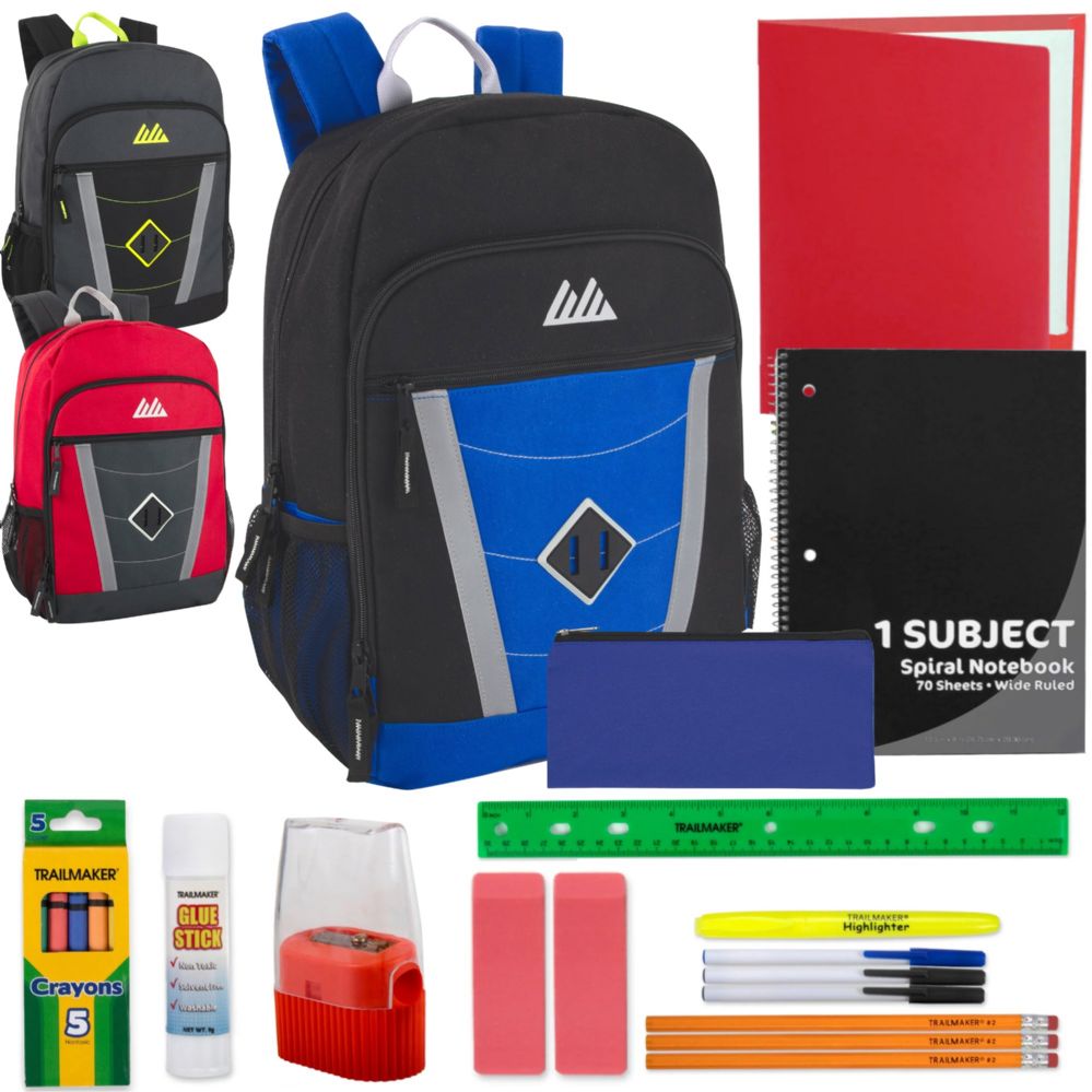 24 Pieces of 18" MultI-Pocket Reflective Backpack With 20-Piece School Supply Kit - Boys