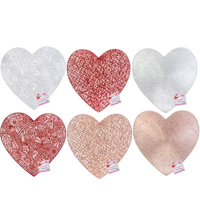 48 pieces of Placemat Heart Shape Pvc 3 Styles/ 2 Color Ea Red/slv/rose Gold Ea W/ht