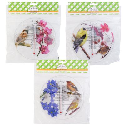 24 pieces of Thermometer 6.3in Dia Floral/ Bird Print 3 Asst