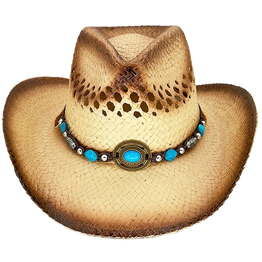 24 Wholesale Breathable Raffia Straw Brown Cowboy Hat With Beaded Band WSD
