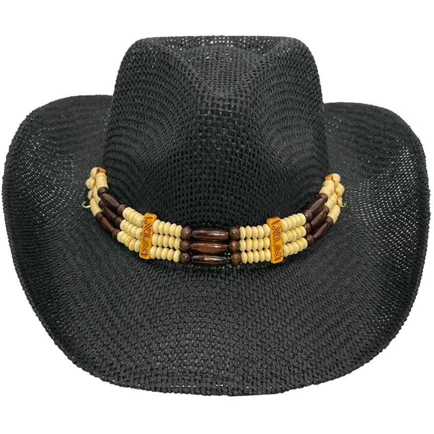24 Pieces of Paper Straw Western Black Cowboy Hat With Beaded Band
