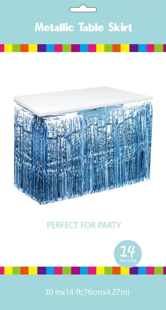 60 Pieces of Light Blue Metallic Plastic Table Skirt 30in X 14ft