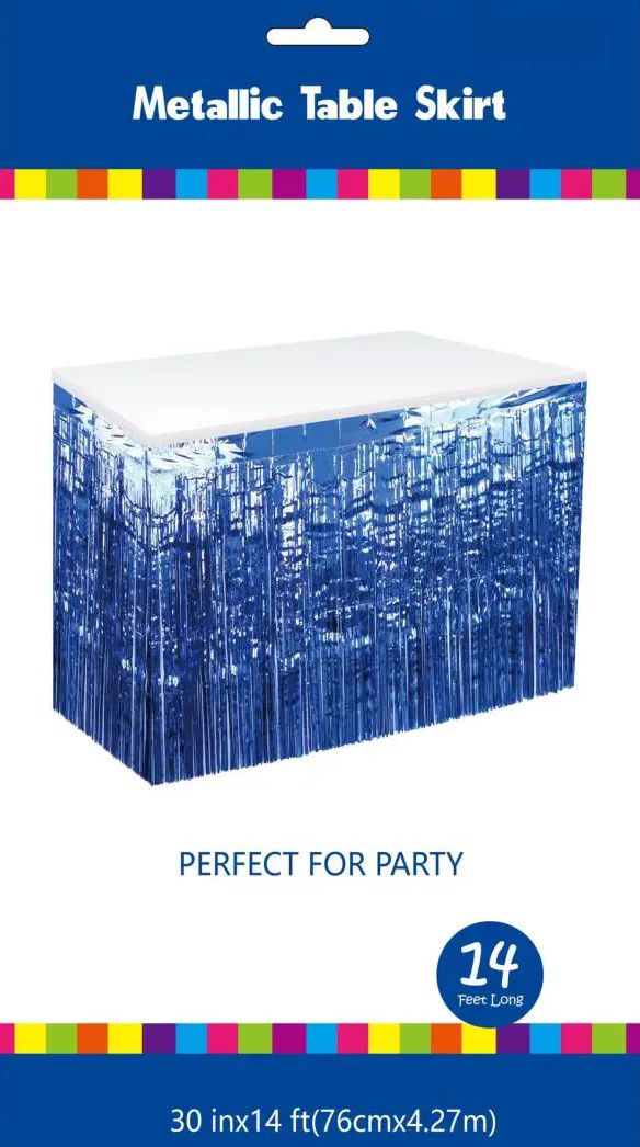 60 Pieces of Royal Blue Metallic Plastic Table Skirt 30in X 14ft
