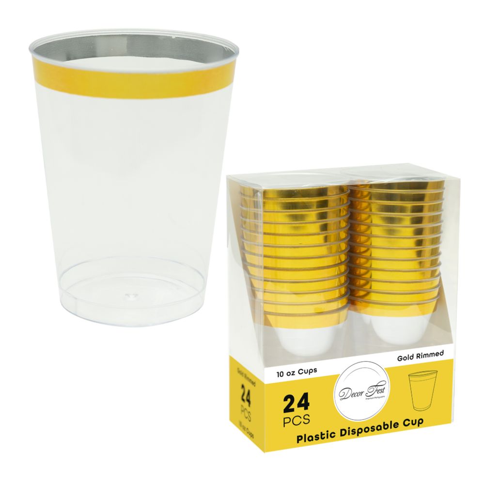 12 pieces of Plastic Disposable Cups With Gold Rim 10oz 24pc