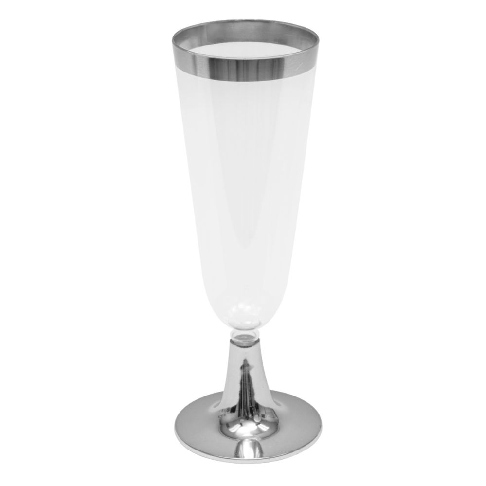 12 pieces of Plastic Champagne Flutes With Metallic Trim 6 inch 12pc/pack - Silver