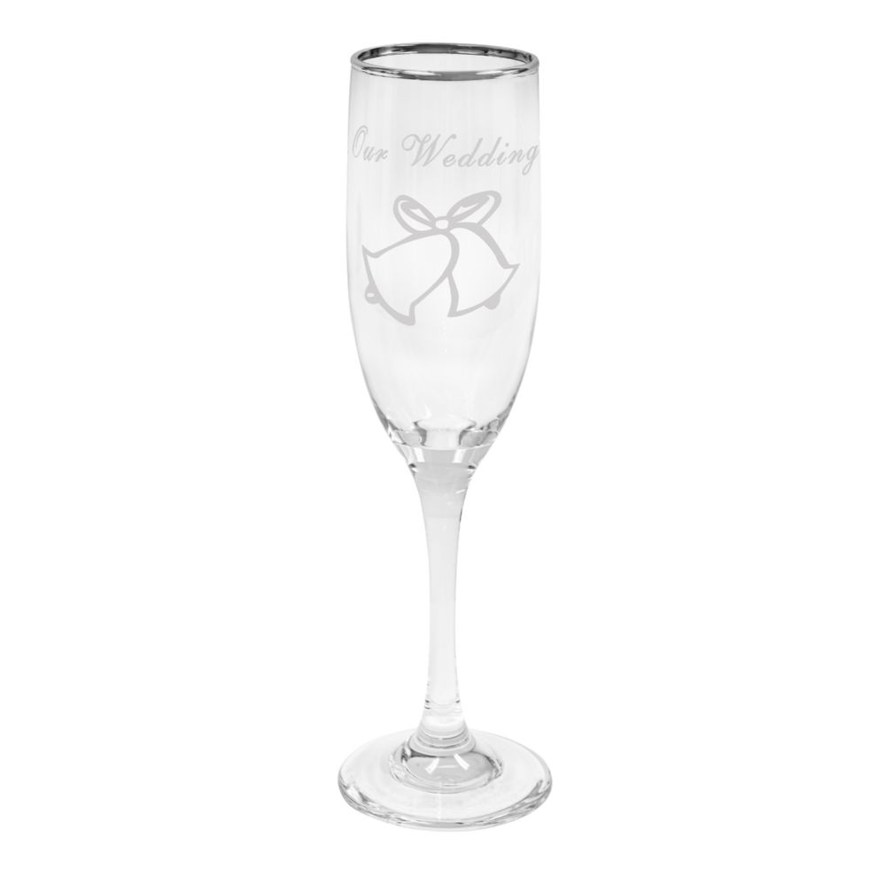 4 pieces of Glass Champagne Flutes Silver RiM- "our Wedding" Set Of 6pcs