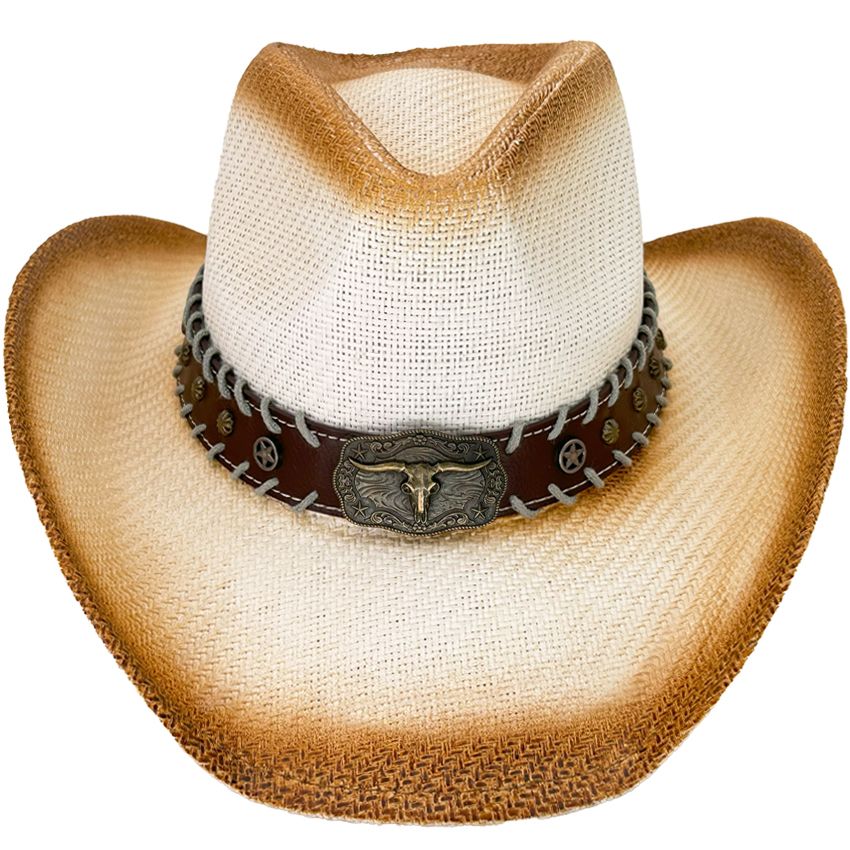24 Pieces of Paper Straw OfF-White Shade Western Cowboy Hat With Bull Laced Band
