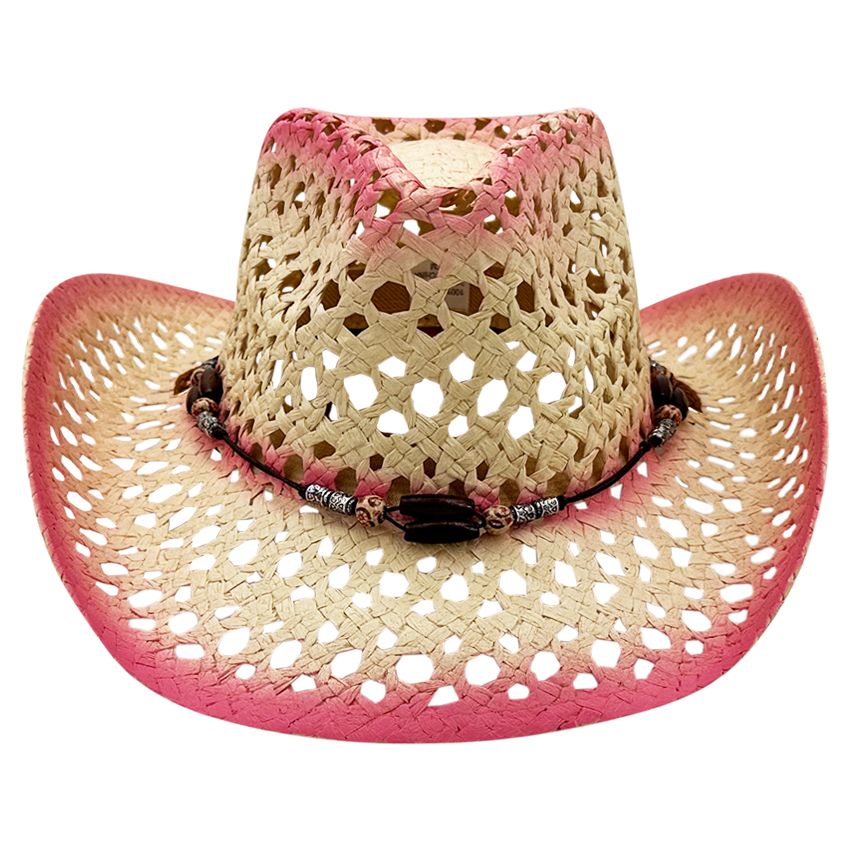 Straw Cowboy Hat with Pink Beaded Band Hot Pink Straw Cowboy Hat With Unique Woven Designs and Pink  main image 4