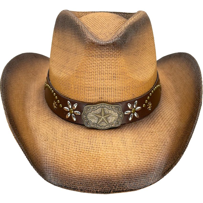 24 Pieces of Brown Cowboy Hats Paper Straw Star Band With Flowers Design