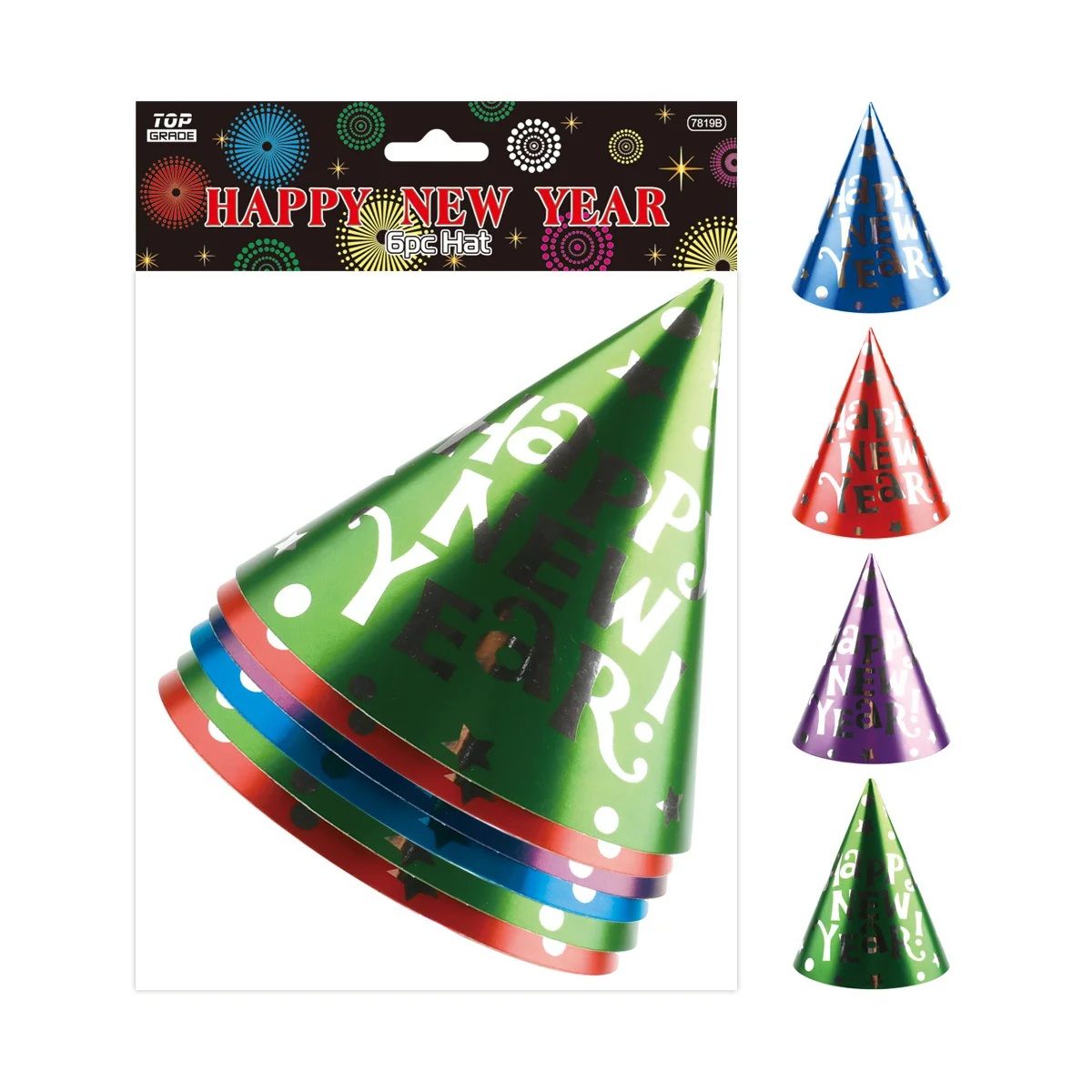 48 Packs of New Year Cone Party Hat 6pc Pack Asst. Colors